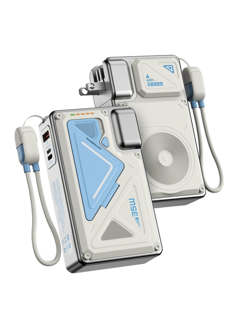 Powerology Power Bank 20000mAh & Wall Charger / 35W PD Travel Adapter with Interchangeable Plugs (US,EU,UK) / 15W Wireless Charging Compatible / Built-in Cable & Kickstand / Powerbank 20000 mAh with MagSafe- White - Image 1